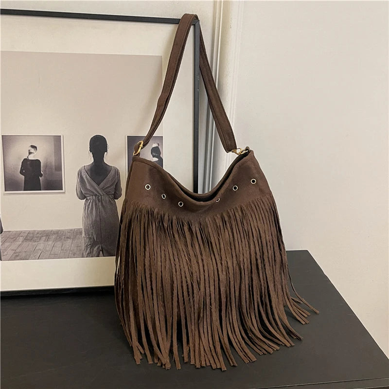 Hobo Bag Faux Suede Fringe Wide Strap