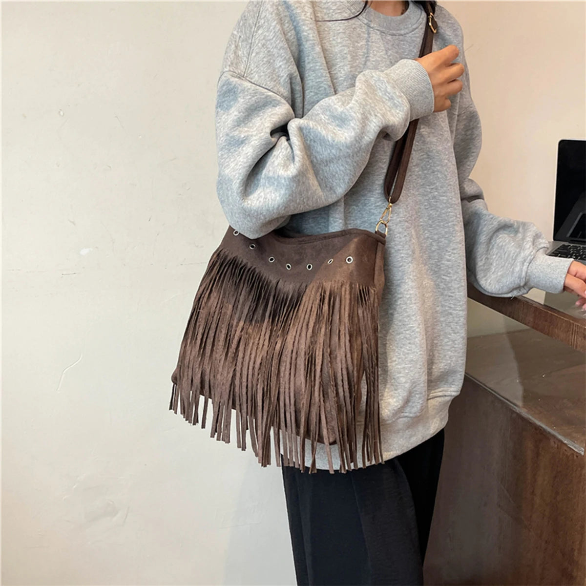 Hobo Bag Faux Suede Fringe Wide Strap