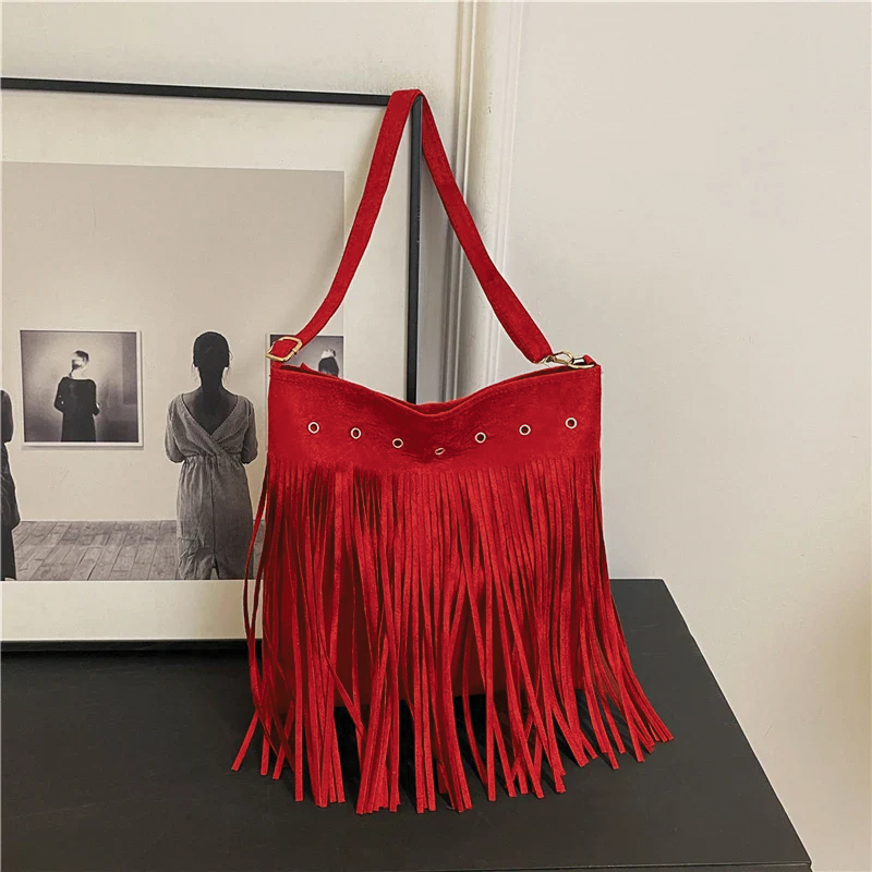 Hobo Bag Faux Suede Fringe Wide Strap