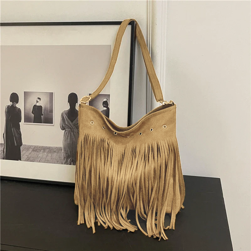 Hobo Bag Faux Suede Fringe Wide Strap