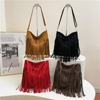 Hobo Bag Faux Suede Fringe Wide Strap
