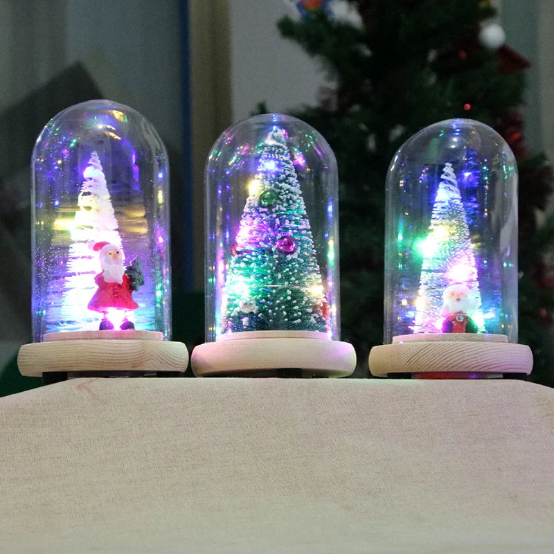 Holiday Display Dome LED-Lit Battery-Powered Glass & Wood Base
