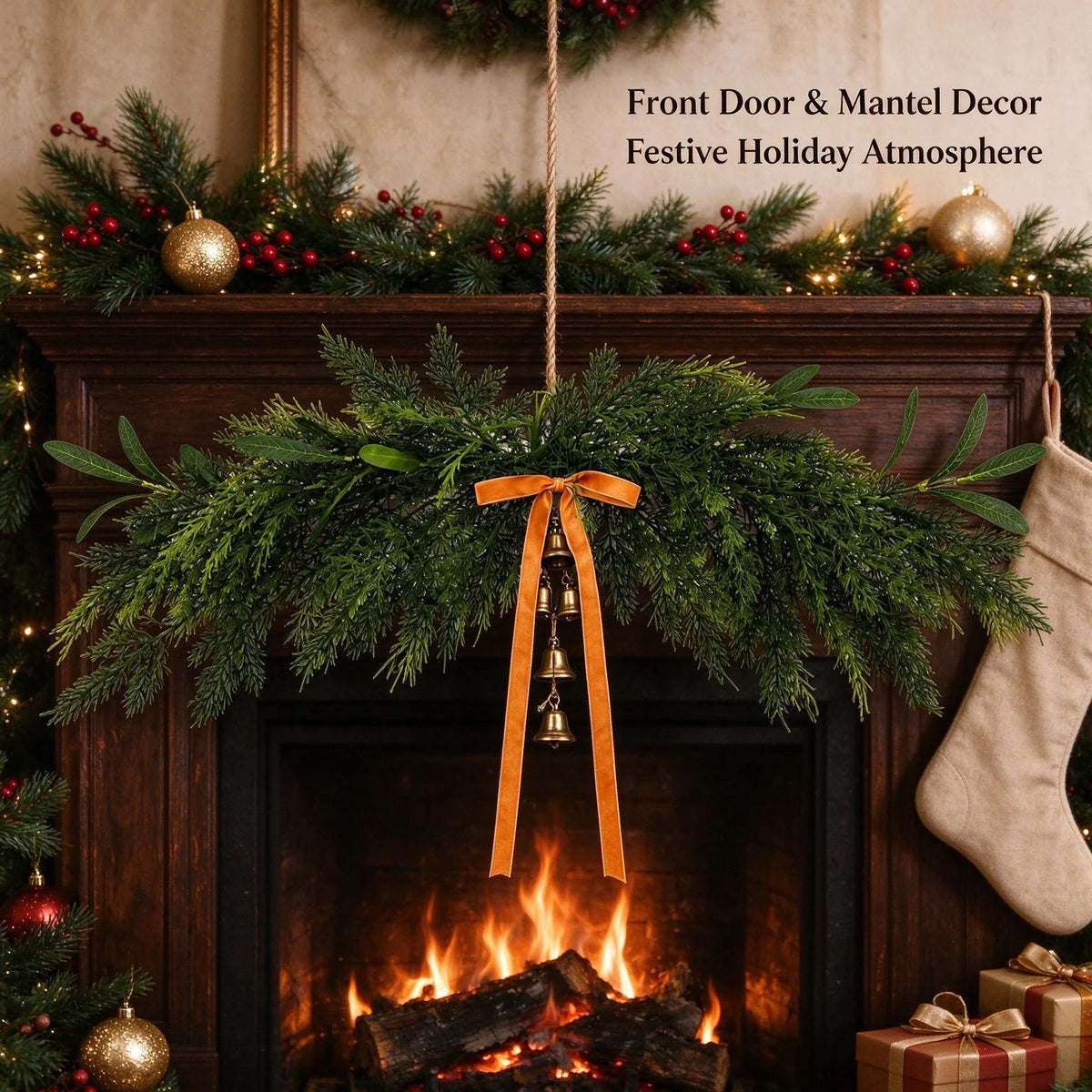 Holiday Garland Realistic Greenery & Metal Bell Accents