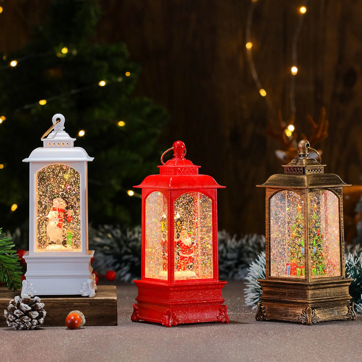 Holiday Lantern Illuminated Santa Snowfall Red Finish