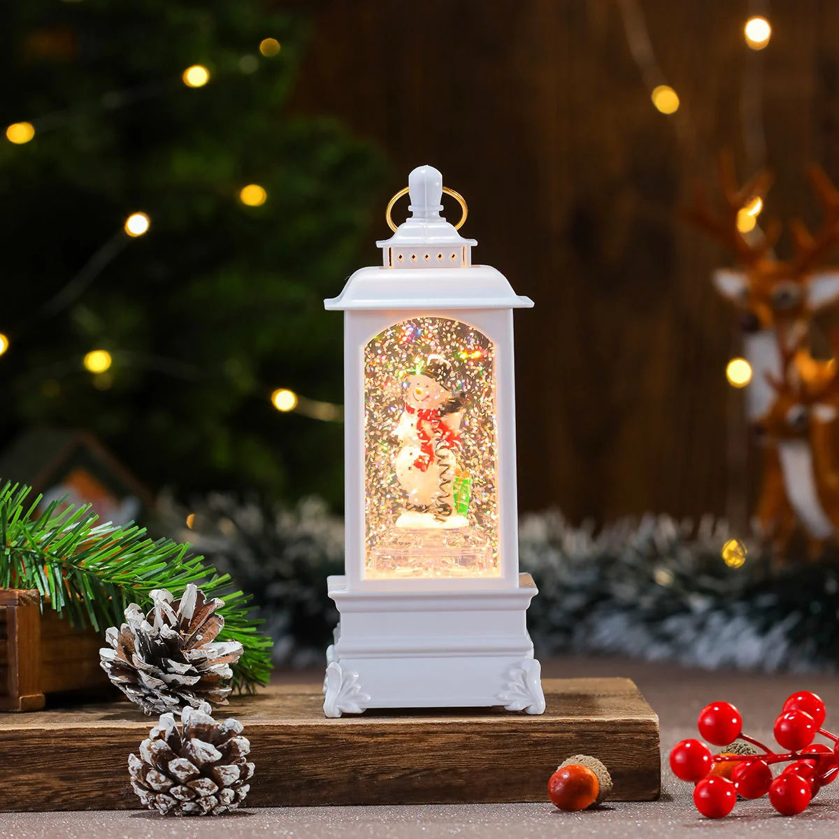 Holiday Lantern Illuminated Santa Snowfall Red Finish