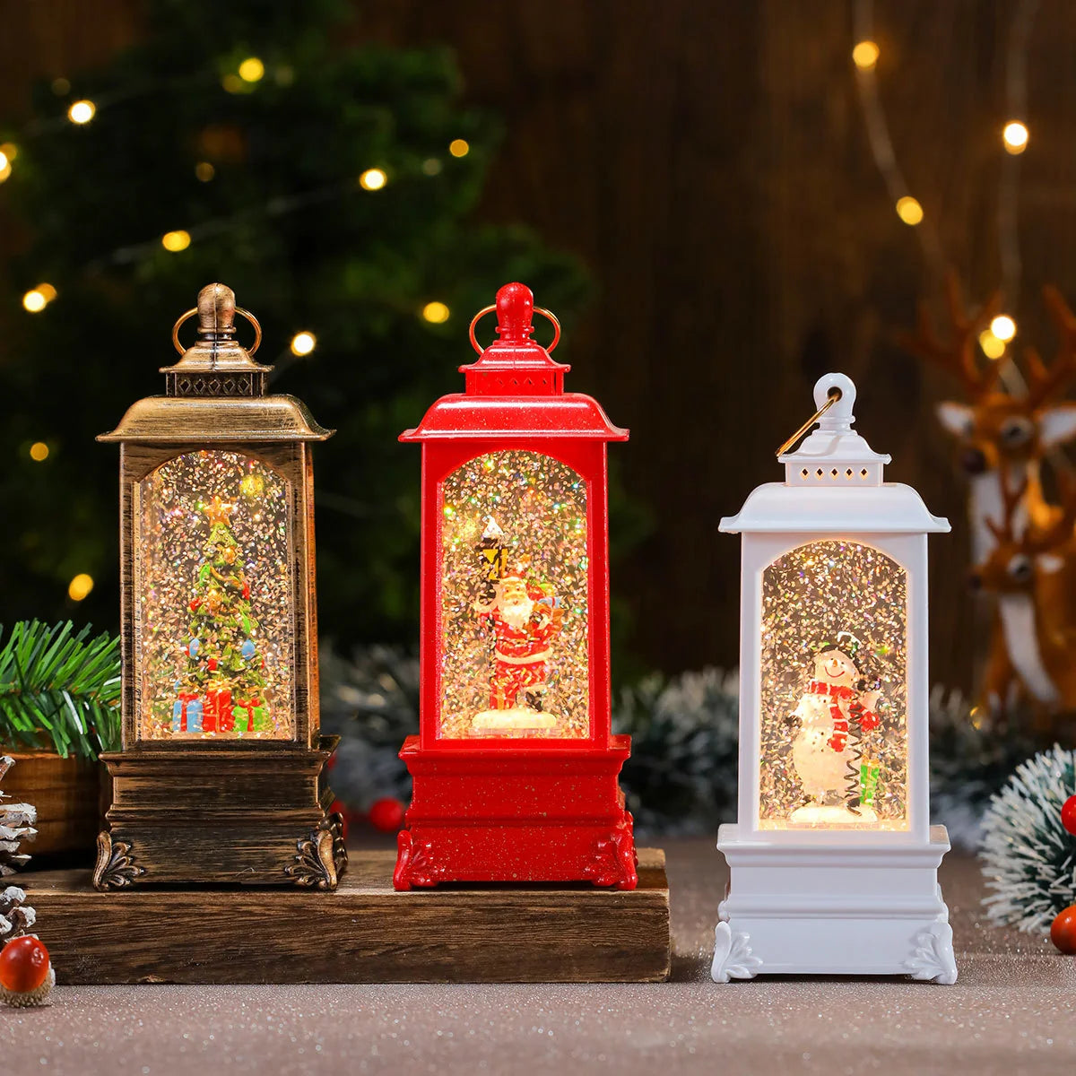 Holiday Lantern Illuminated Santa Snowfall Red Finish