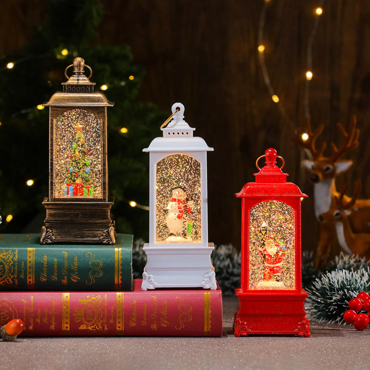 Holiday Lantern Illuminated Santa Snowfall Red Finish