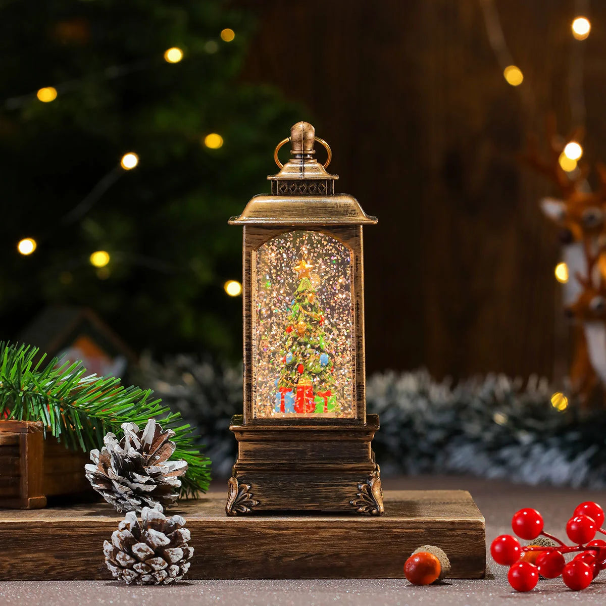 Holiday Lantern Illuminated Santa Snowfall Red Finish