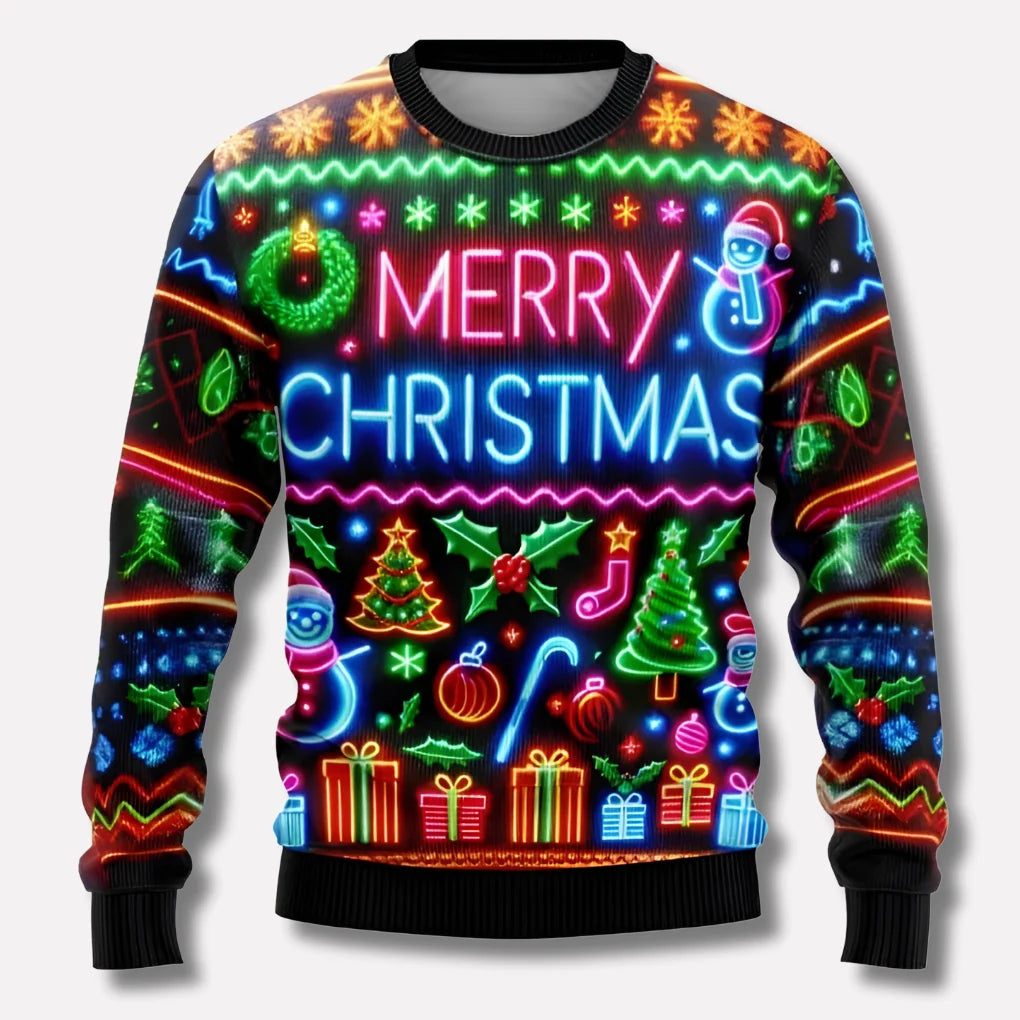 Holiday Sweater Neon Graphic Cozy Knit Unisex Relaxed Fit