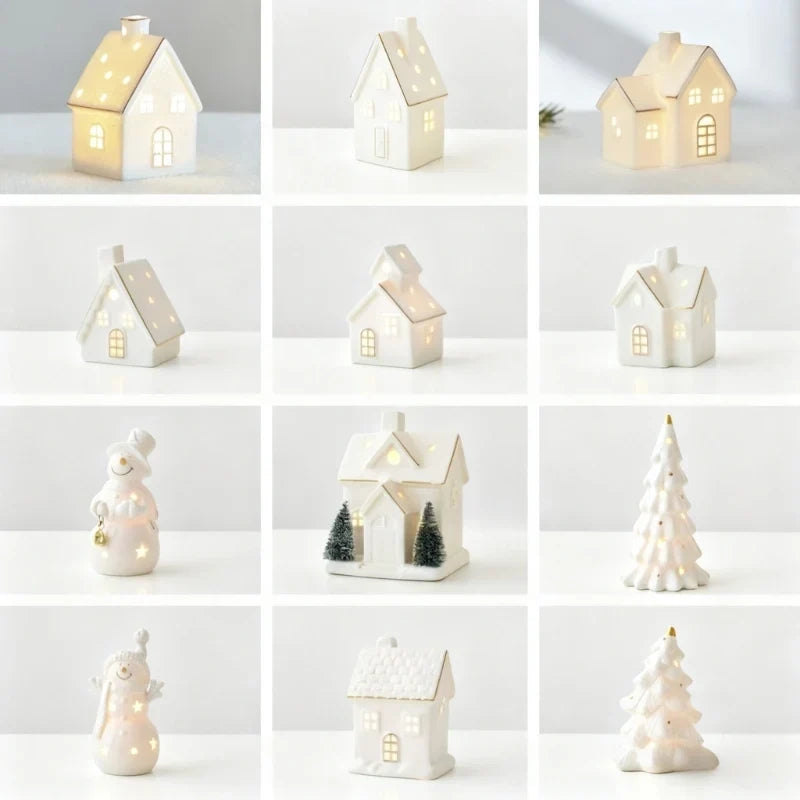 Holiday Village Set Handcrafted Ceramic Battery-Operated Ambient Glow