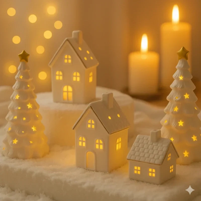 Holiday Village Set Handcrafted Ceramic Battery-Operated Ambient Glow