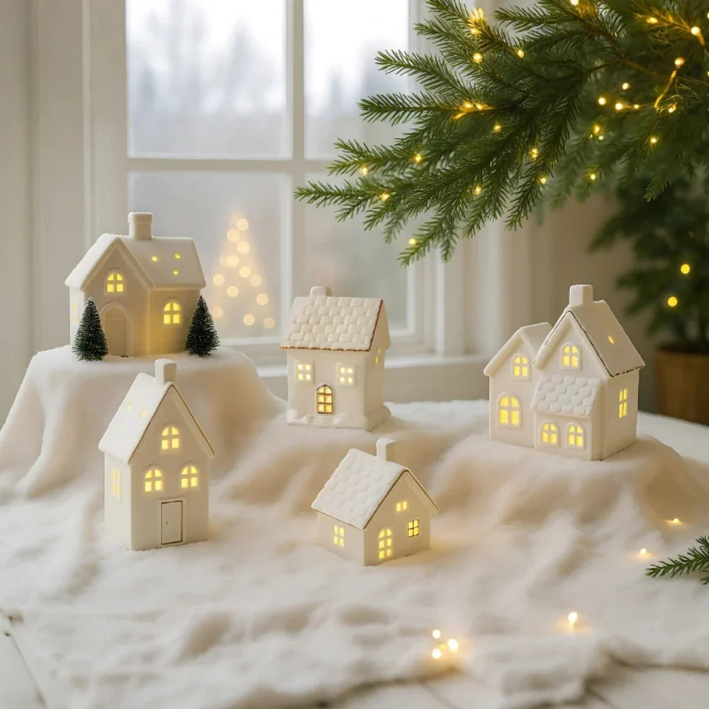 Holiday Village Set Handcrafted Ceramic Battery-Operated Ambient Glow
