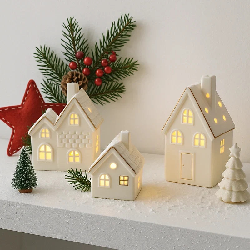 Holiday Village Set Handcrafted Ceramic Battery-Operated Ambient Glow