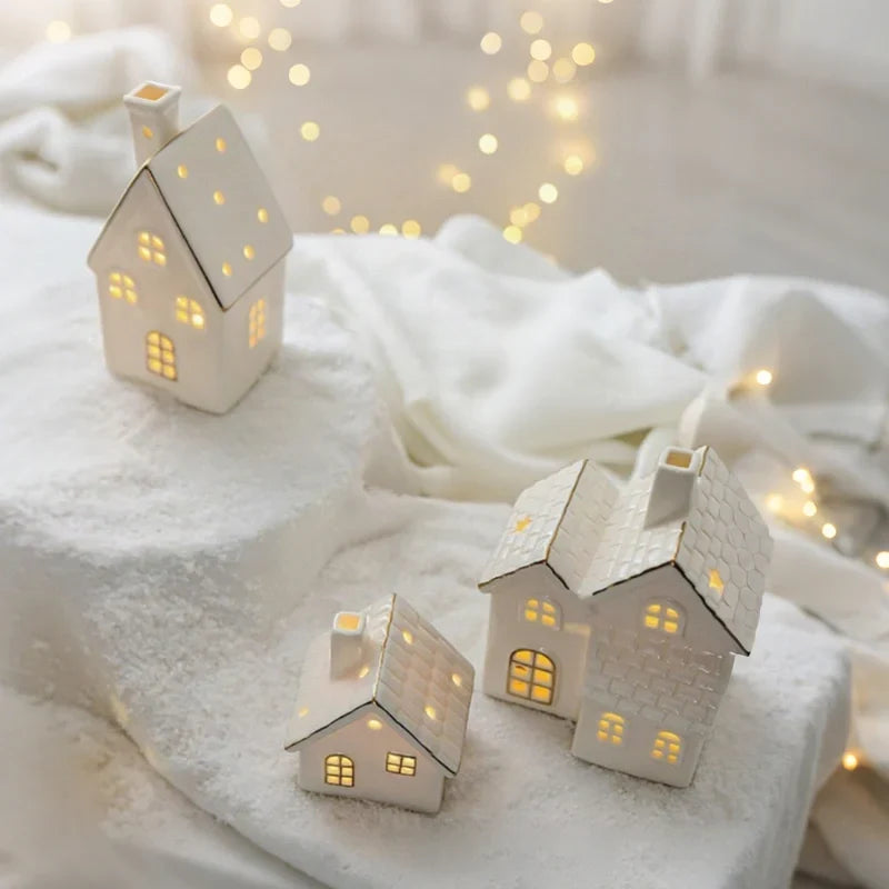 Holiday Village Set Handcrafted Ceramic Battery-Operated Ambient Glow