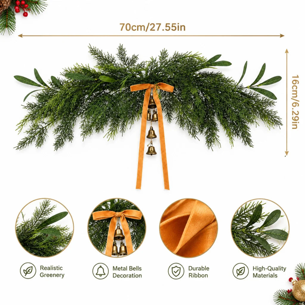 Holiday Wreath Realistic Greenery & Metal Bells Durable Ribbon Hanger