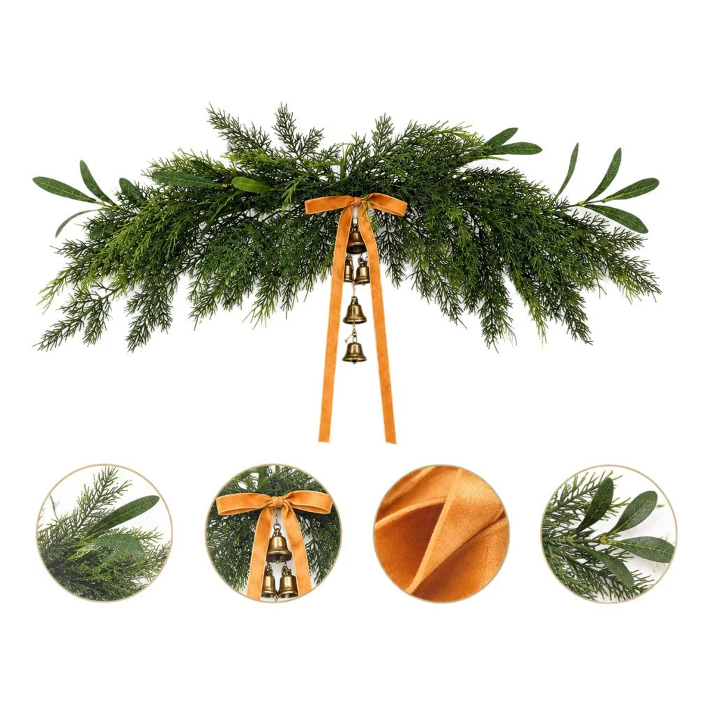 Holiday Wreath Realistic Greenery & Metal Bells Durable Ribbon Hanger