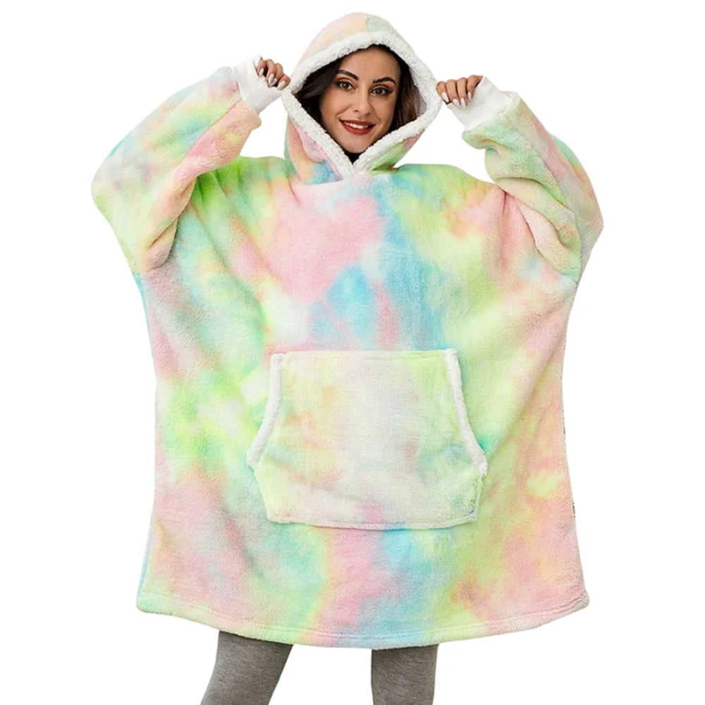 Hooded Blanket Oversized Soft Flannel Built-In Sleeves