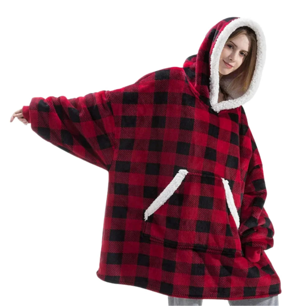 Hooded Blanket Oversized Soft Flannel Built-In Sleeves