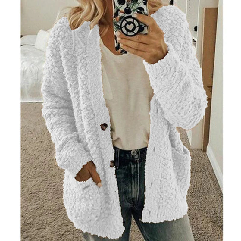 Hooded Cardigan Oversized Fleece-Lined Front Pockets