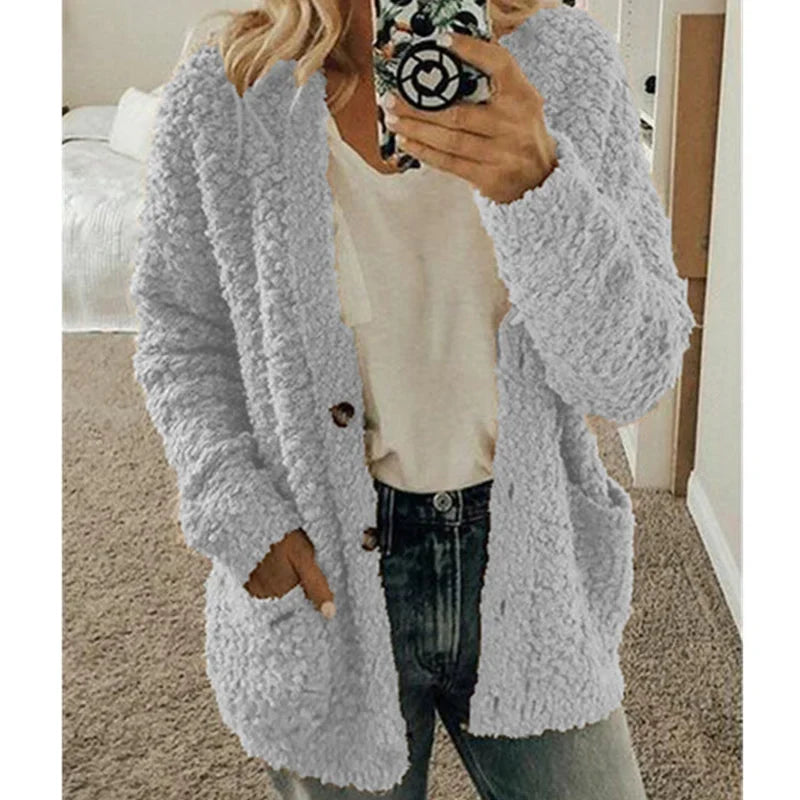 Hooded Cardigan Oversized Fleece-Lined Front Pockets