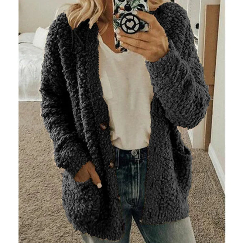 Hooded Cardigan Oversized Fleece-Lined Front Pockets