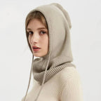Hooded Knit Hat 100% Cashmere Adjustable Drawstrings