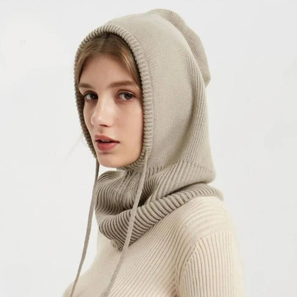 Hooded Knit Hat 100% Cashmere Adjustable Drawstrings
