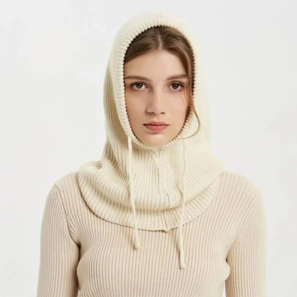 Hooded Knit Hat 100% Cashmere Adjustable Drawstrings