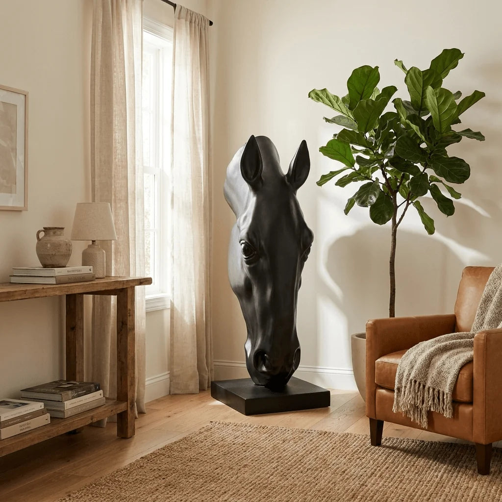 Horse Head Sculpture Matte Black Fiberglass 155 cm Tall