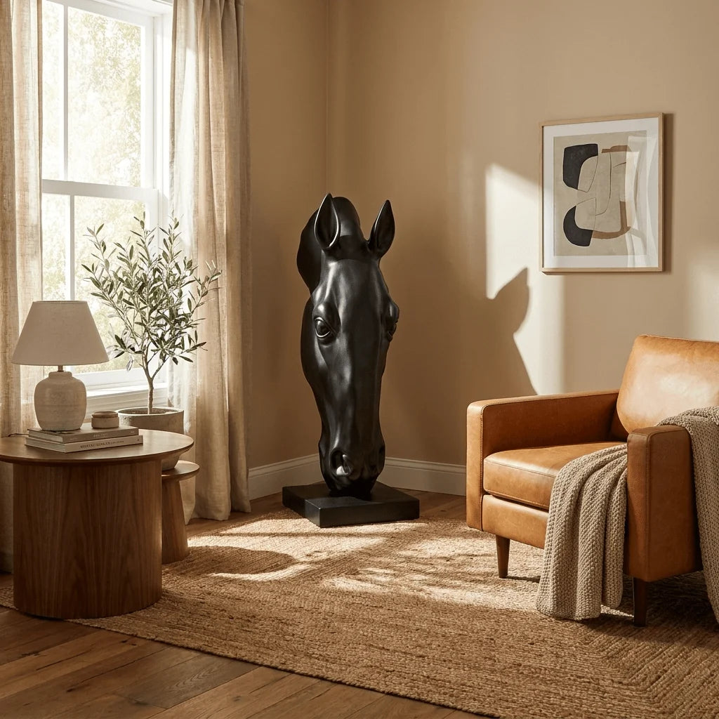 Horse Head Sculpture Matte Black Fiberglass 155 cm Tall