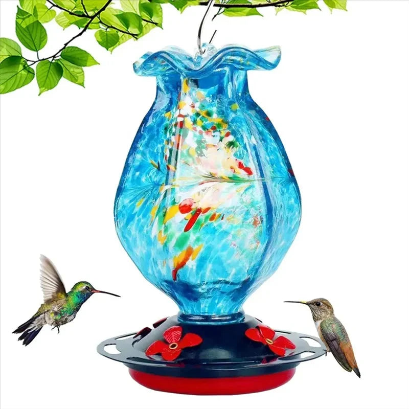Hummingbird Feeder Hand-Blown Ocean Blue Glass Bee-Proof Ports