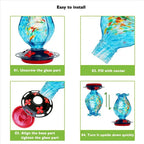 Hummingbird Feeder Hand-Blown Ocean Blue Glass Bee-Proof Ports