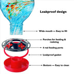 Hummingbird Feeder Hand-Blown Ocean Blue Glass Bee-Proof Ports