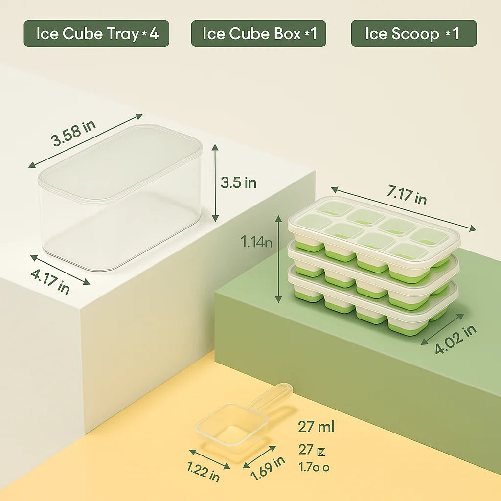 Ice Cube Trays Flexible Silicone Stackable Set of 4