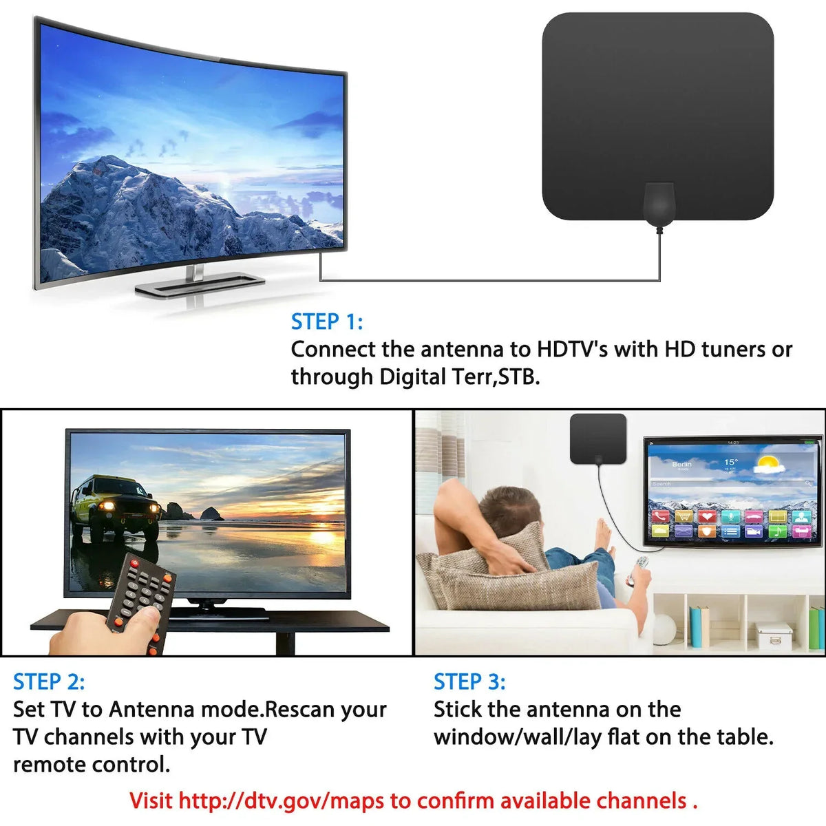 Indoor HDTV Antenna 37dB Amplifier Ultra-Thin Adhesive
