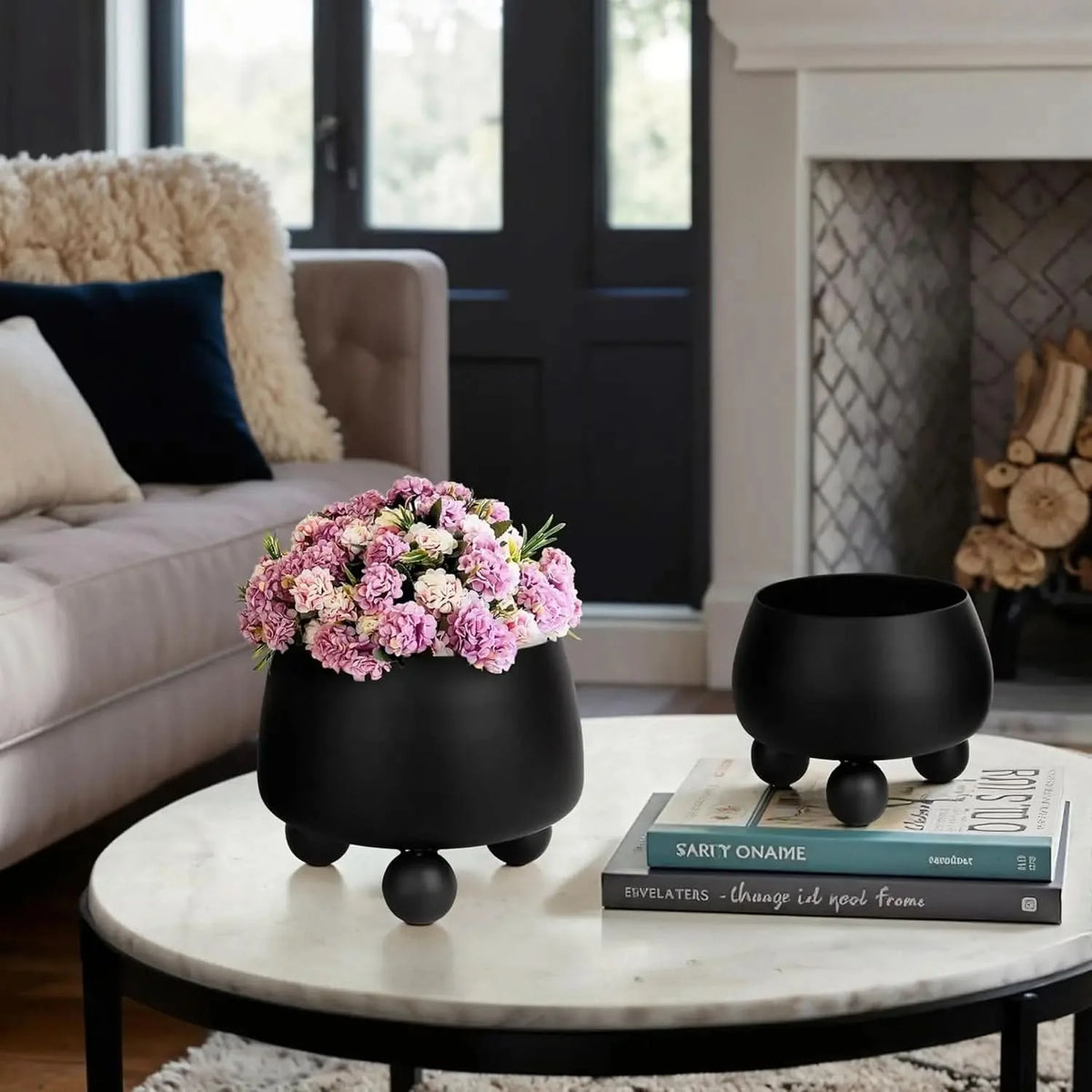 Indoor Plant Pot Set Modern Rounded Ceramic Elevated Base