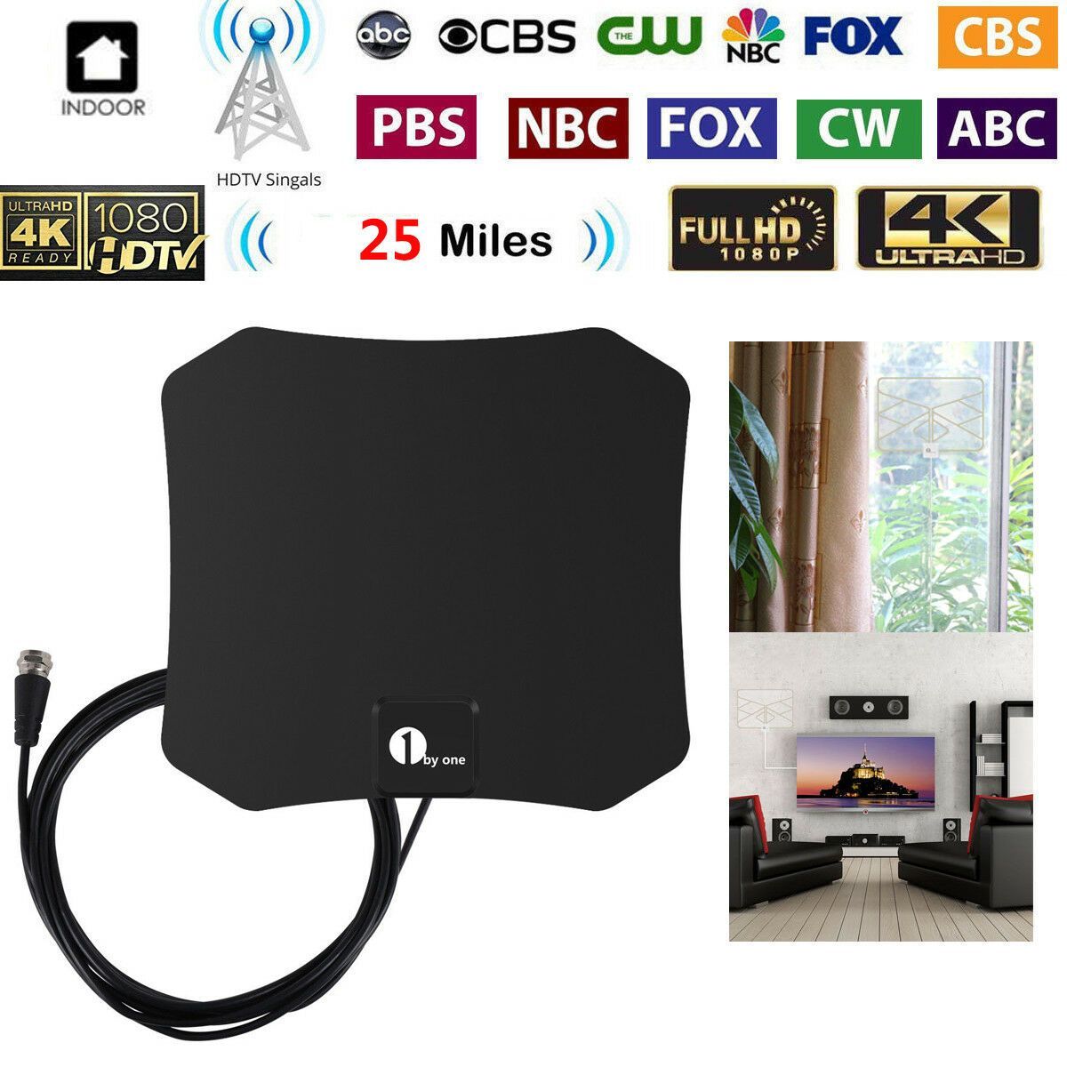 Indoor TV Antenna 4K Compatible Plug-and-Play 25-Mile Range