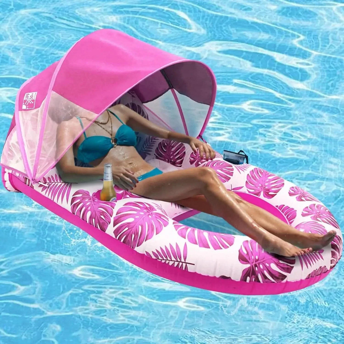 Inflatable Pool Lounger Sun Canopy Backrest & Cup Holder