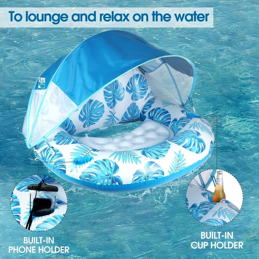 Inflatable Pool Lounger Sun Canopy Backrest & Cup Holder