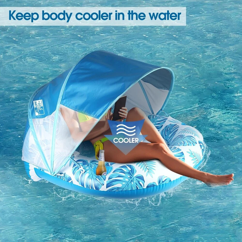 Inflatable Pool Lounger Sun Canopy Backrest & Cup Holder