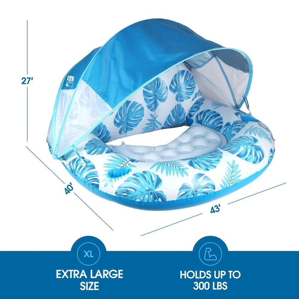 Inflatable Pool Lounger Sun Canopy Backrest & Cup Holder