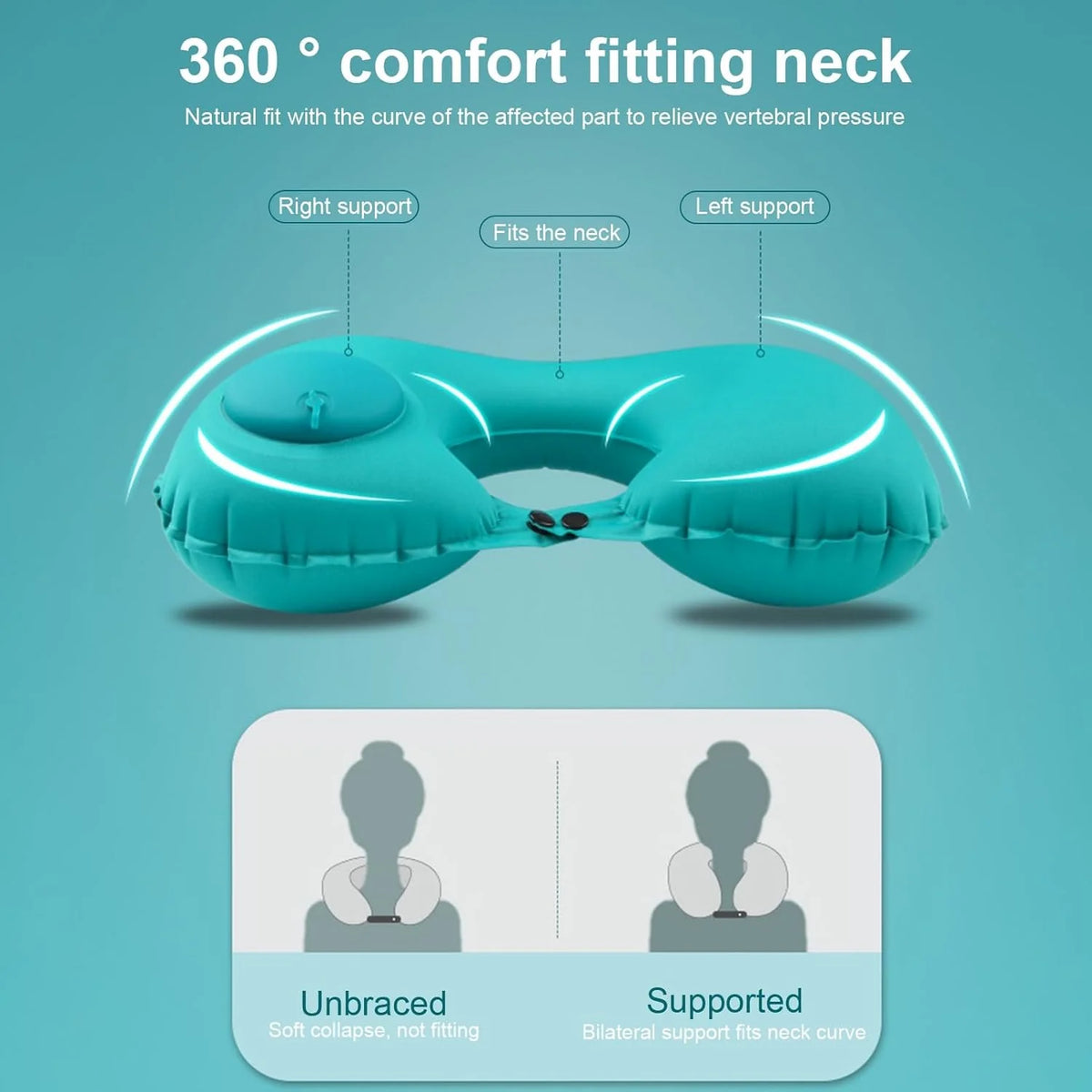 Inflatable Travel Neck Pillow Built-In Hand Pump Ergonomic Support
