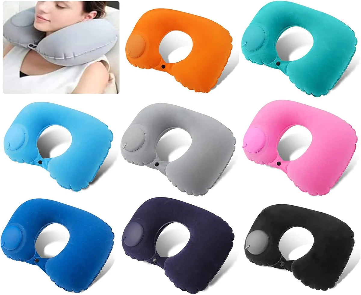 Inflatable Travel Neck Pillow Built-In Hand Pump Ergonomic Support
