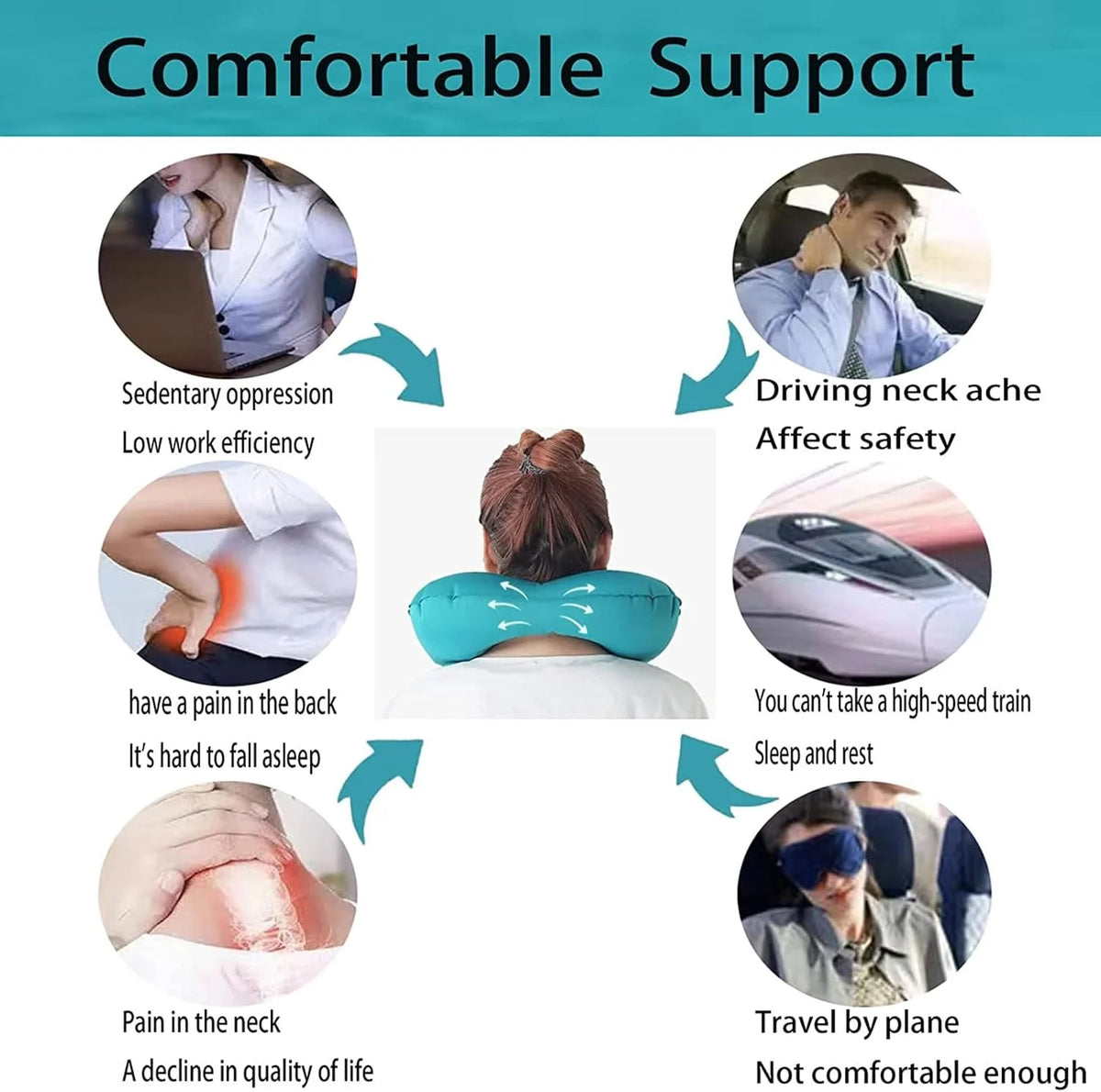 Inflatable Travel Neck Pillow Built-In Hand Pump Ergonomic Support