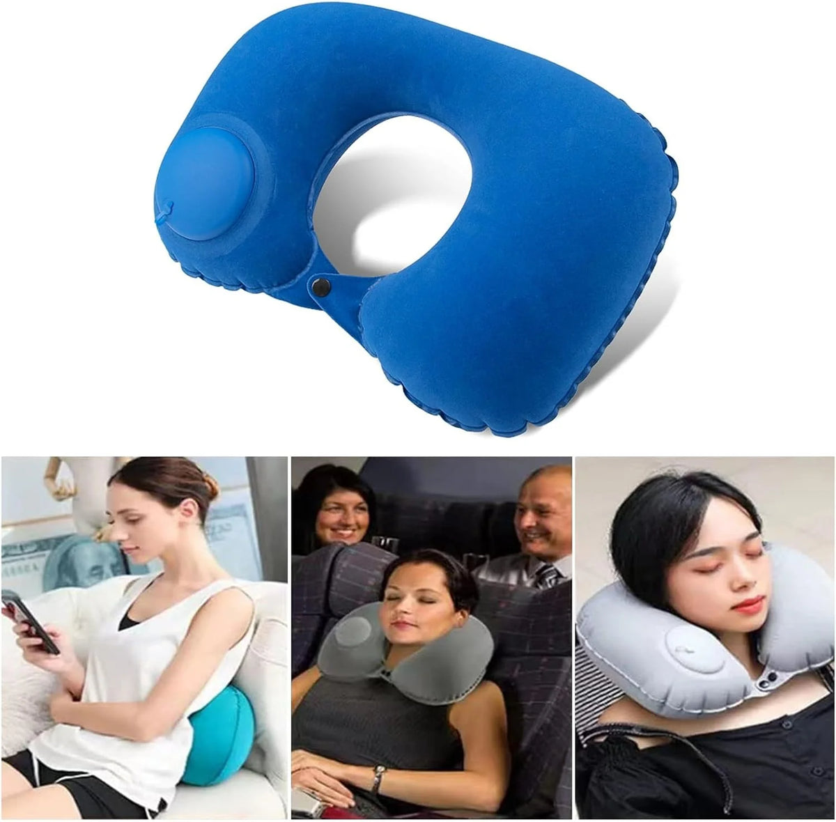 Inflatable Travel Neck Pillow Built-In Hand Pump Ergonomic Support
