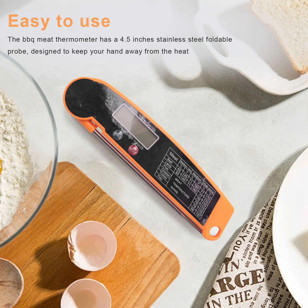 Instant-Read Thermometer Foldable Probe Large LCD & Hold Function