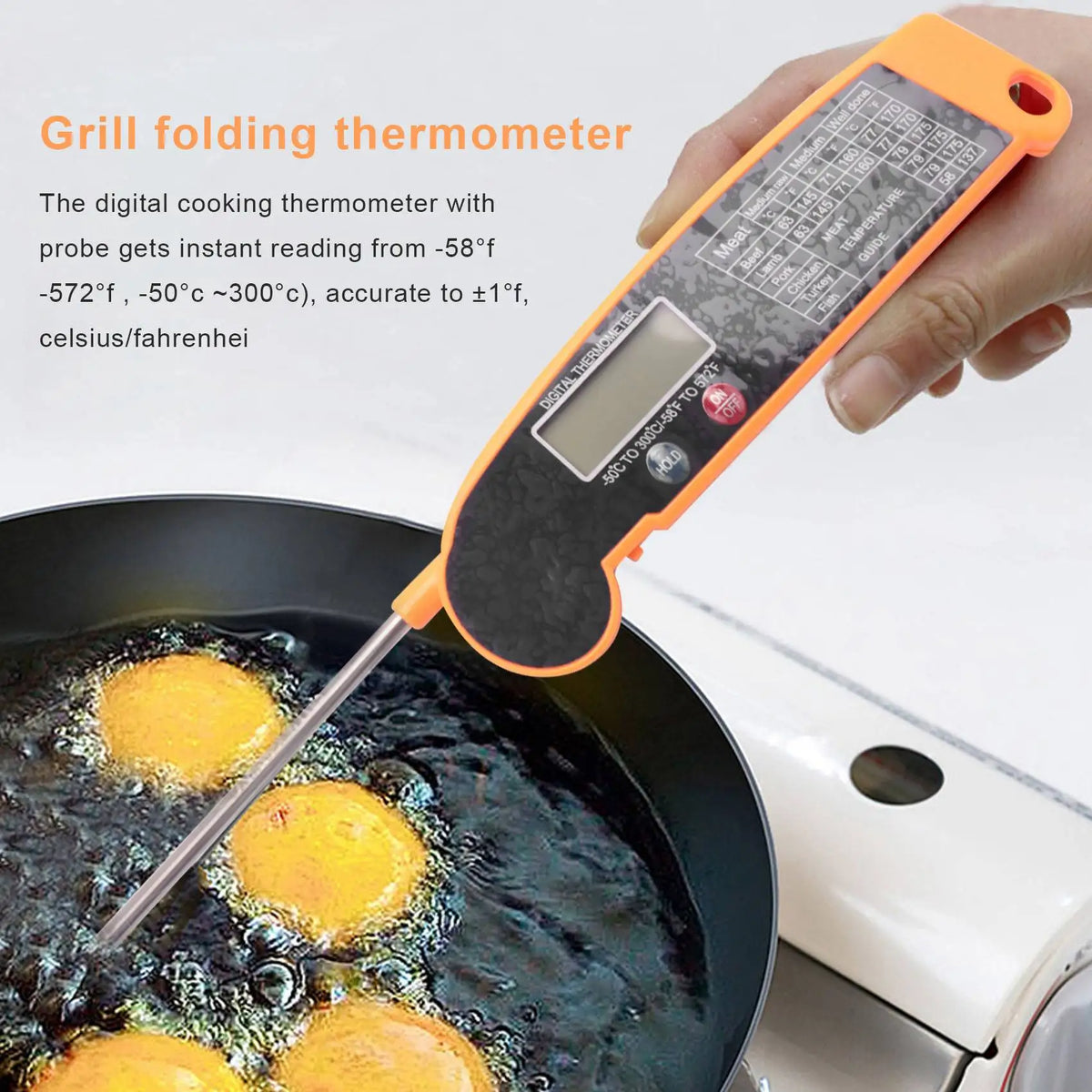Instant-Read Thermometer Foldable Probe Large LCD & Hold Function