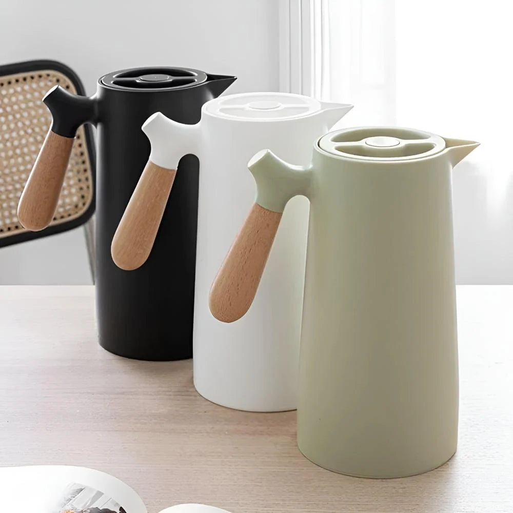 Insulated Carafe Double-Walled Vacuum Wooden Handle & Push-Button Pour