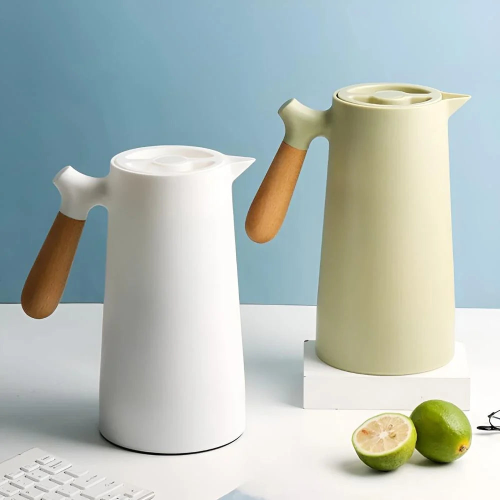 Insulated Carafe Double-Walled Vacuum Wooden Handle & Push-Button Pour
