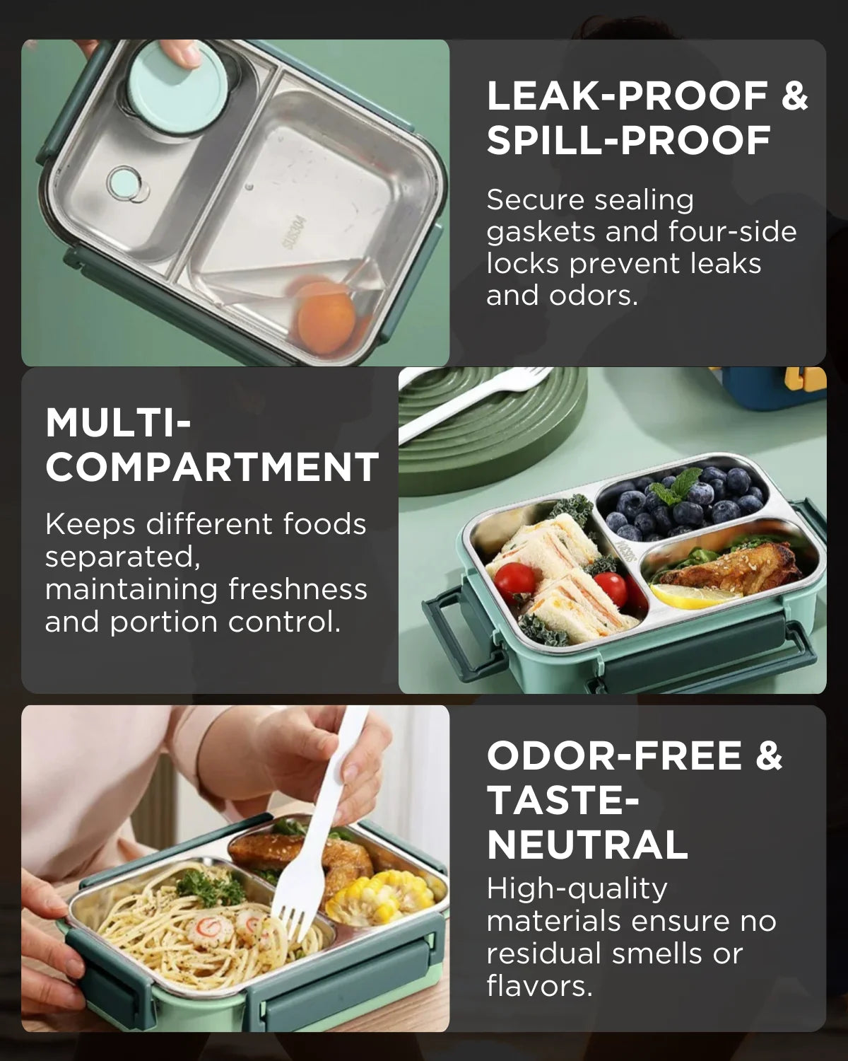 Insulated Lunchbox Leak-Proof & Portable 2 or 3 Compartments